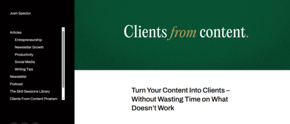 Clients From Content by Josh Spector – Build a Client Funnel with Content Learn to turn content into a client-generating system with Josh Spector’s Clients From Content Program. Ideal for creators, consultants, and marketers.